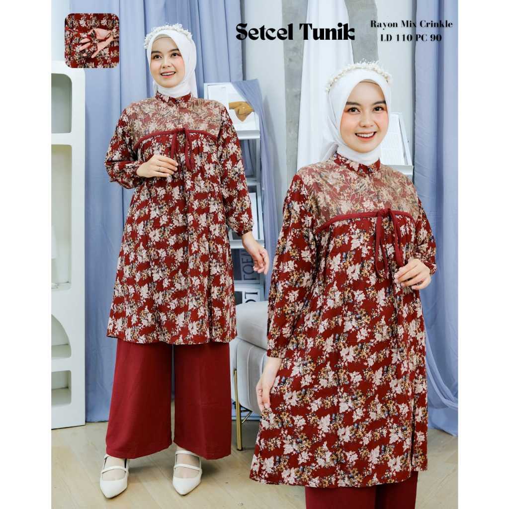 Setelan Baju Wanita Warna Merah / Baju Long Tunik Wanita / Baju Wanita Kekinian / Baju Korea Style /