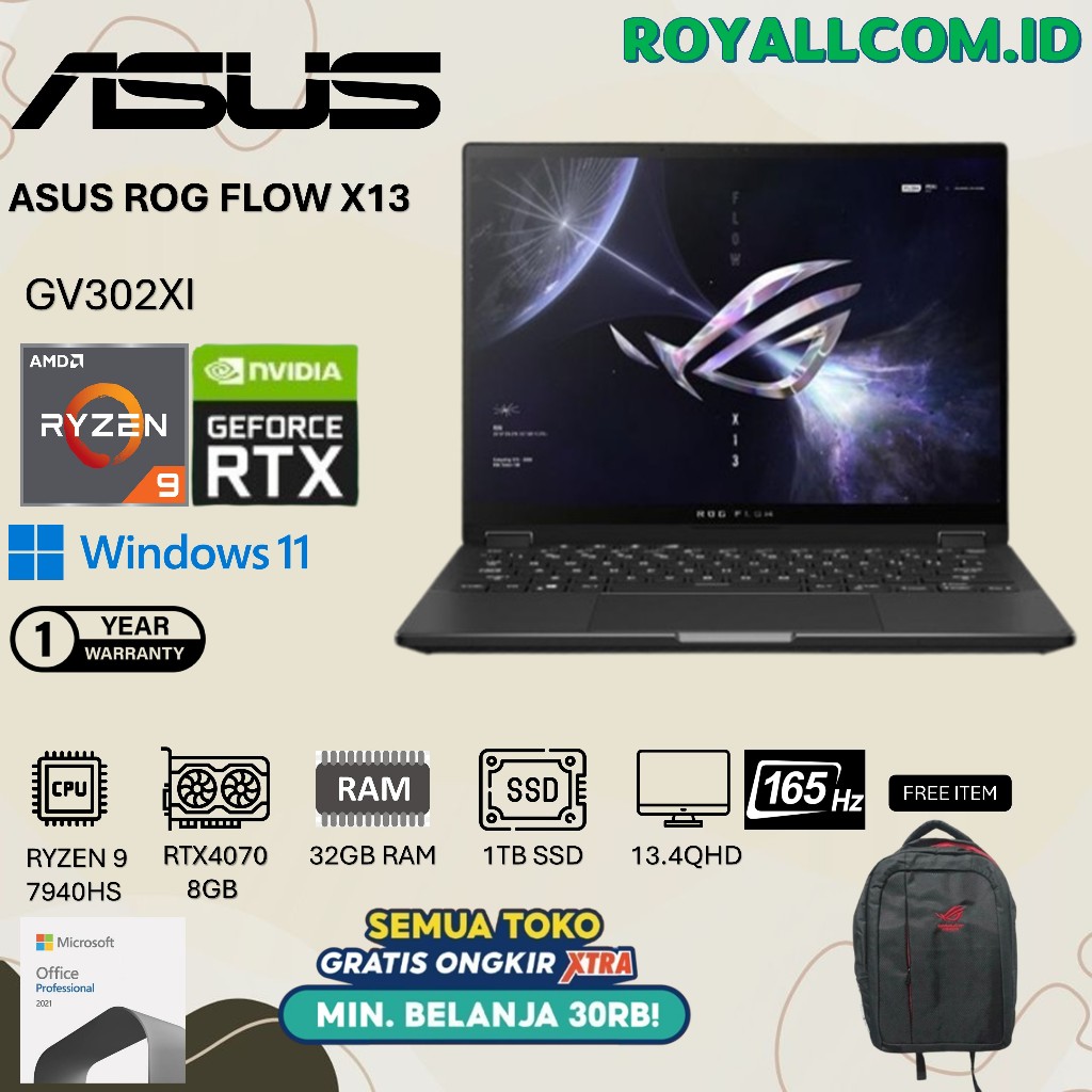 Asus ROG Flow X13 Ryzen 9 7940HS RTX 4070 8GB 32GB 1TB 165Hz Windows 11