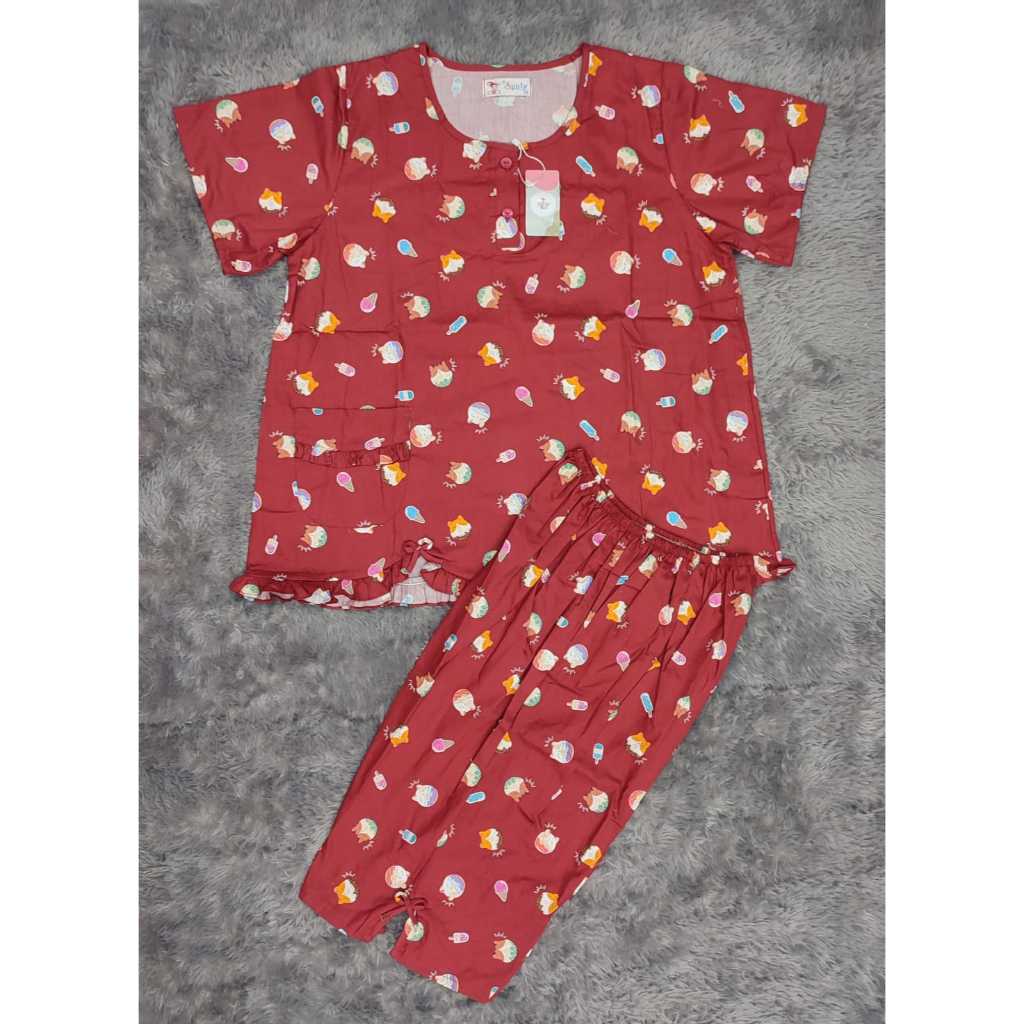 Baju tidur Sunly 5L lengan pendek celana 3/4 bahan katun adem