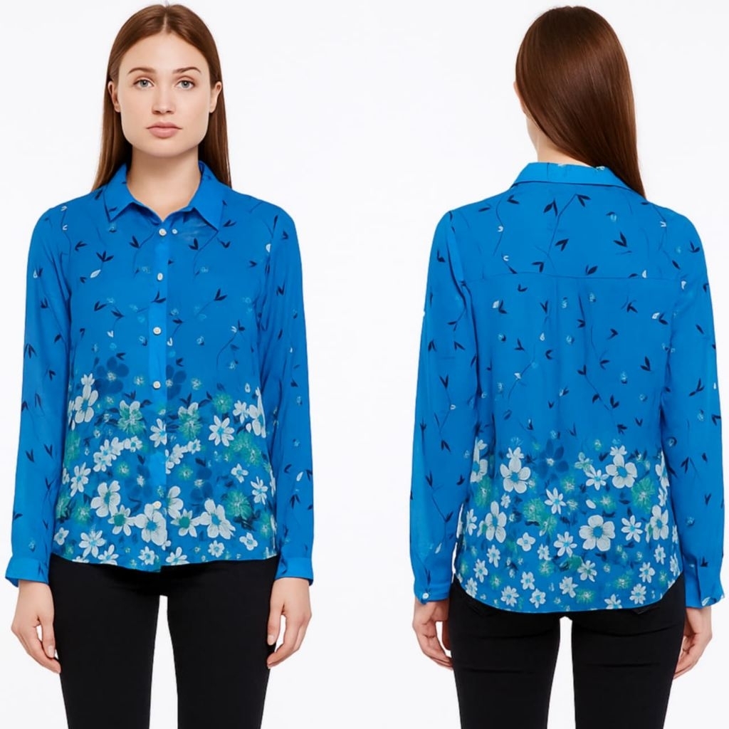 H*M Women Longsleeve Blue Floral Chiffon Shirt/kemeja wanita branded full tag/kemeja wanita terbaru/