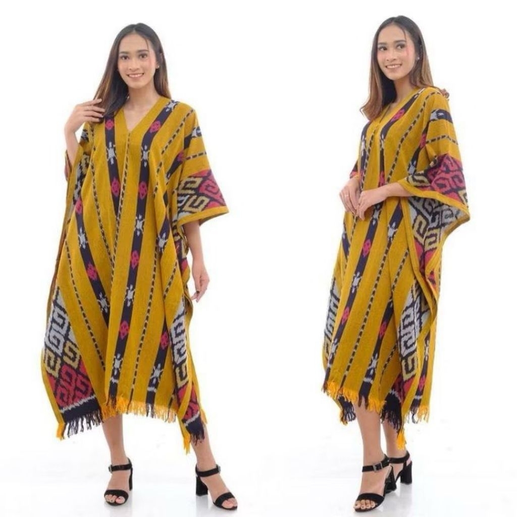 Kaftan Tenun Ikat Wanita Terbaru – Long Dress Etnik Premium Khas Nusantara, Anggun & Stylish