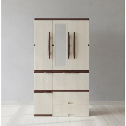 LEMARI PAKAIAN PLASTIK 3 PINTU GANTUNG KACA 2 LACI ROTAN AKAKO LP3P ELITE