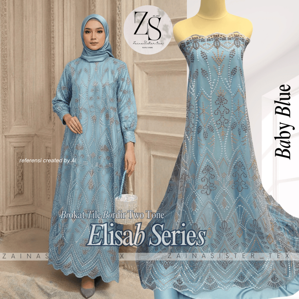 Bahan Kain Kebaya Brukat Tile Bordir Elisaab Two Tone Series Warna Baby Blue