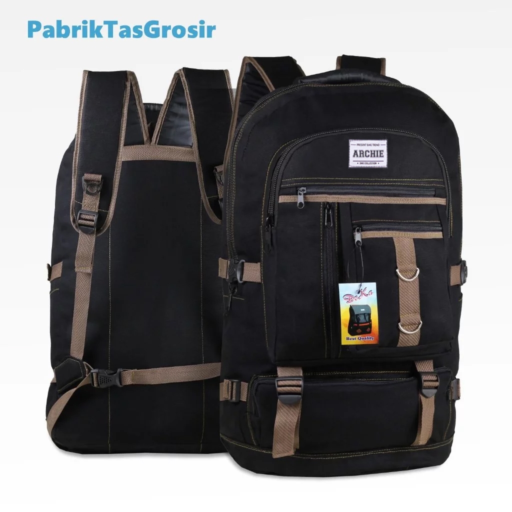 Tas Distro Gunung Archie Bahan Denim Hitam Jeans Kanvas Ukuran 45 liter Muat Banyak Tas Camping Hiki