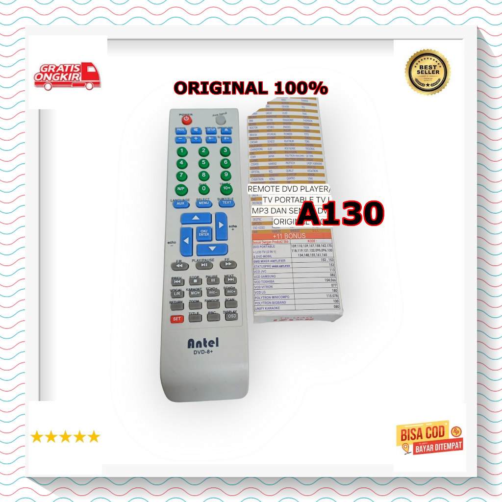 A130 REMOTE DVD ANTEL BERBAGAI MEREK PLAYER DVD MOBILTV PORTABLE TV LCD MP3 CINA ORI 100% REMOT MULT