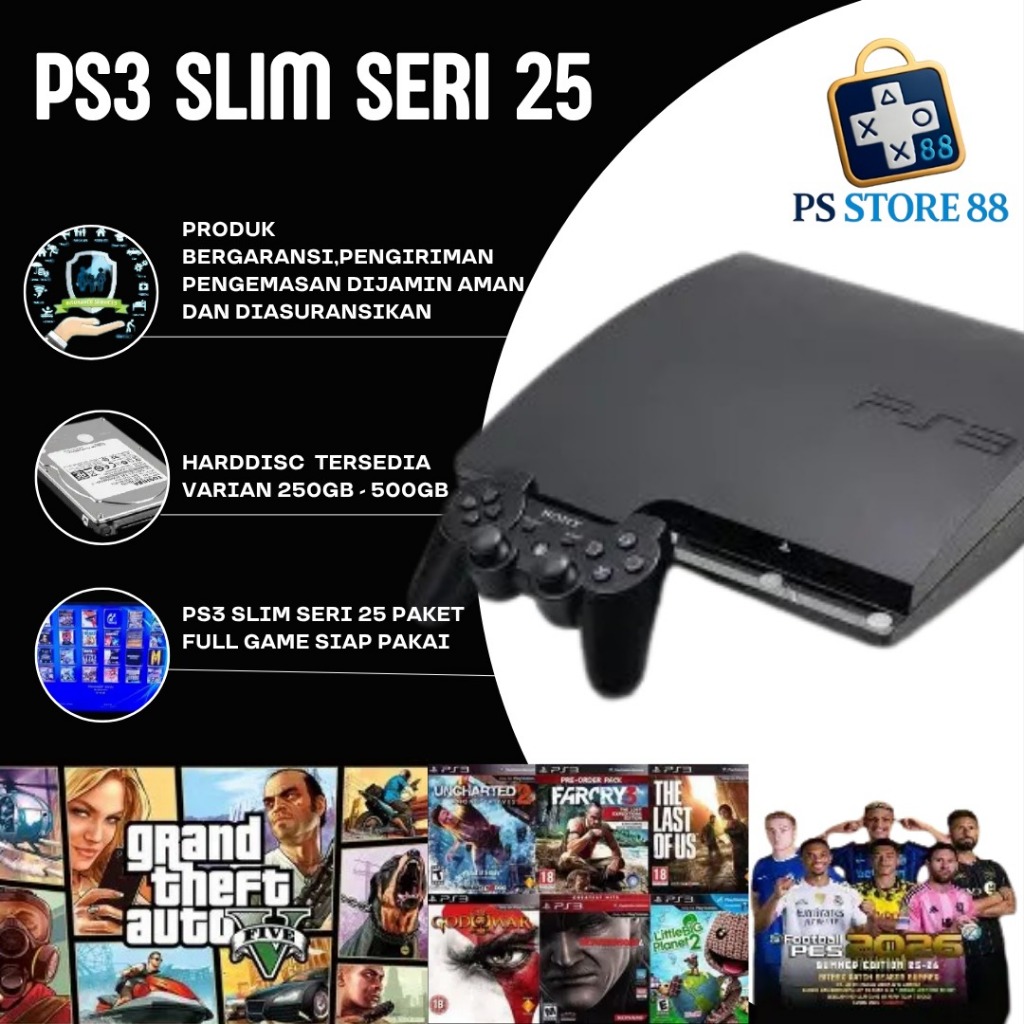 PS3 Slim Seri 25 250GB/500GB - Garansi 1 Tahun, Full Game & Terbaru