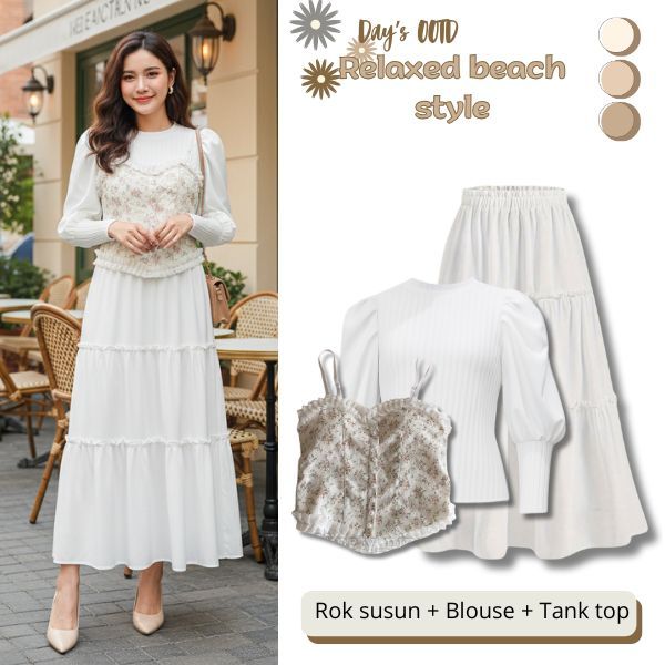OOTD 3in1 Vintage Set Blouse Tanktop Floral Rok Susun || OOTD 3in1 Vintage Elegan Set Outfit Pantai