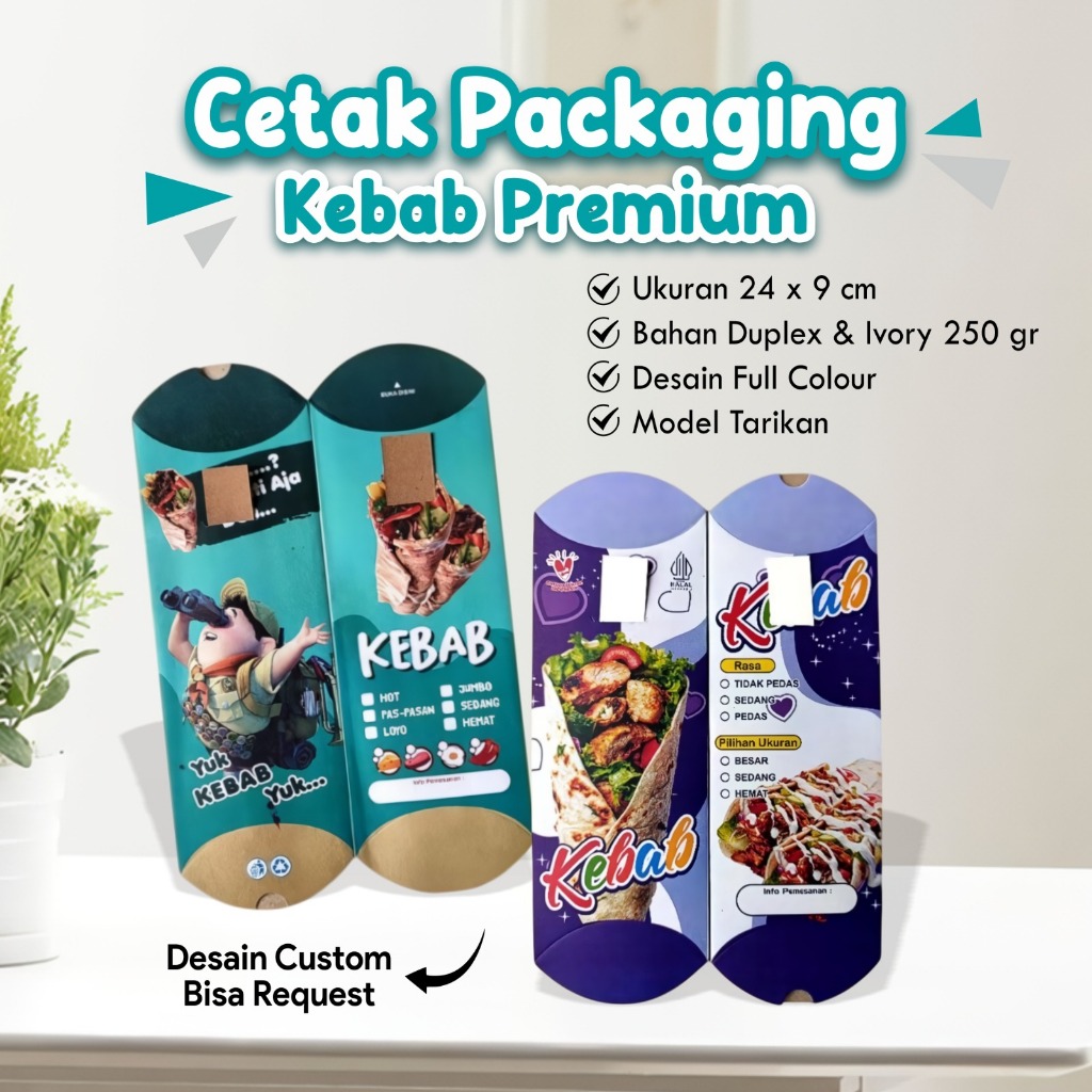 Cetak Kemasan Kebab Custom Logo Full Colour | Dus Kebab Ivory Duplex Grosir 24x9cm