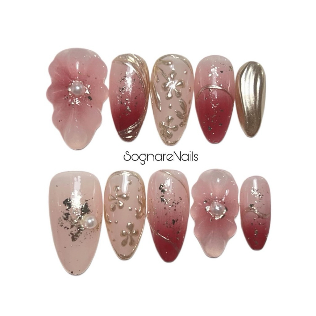 Flowers 3D Gold Maroon Nude Premium Fake Nails Press On Nails Kuku Palsu