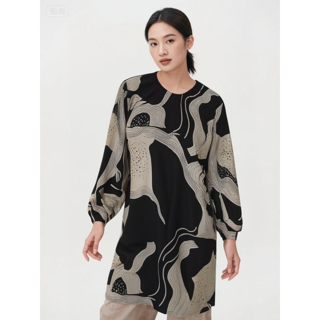 Cuci Gudang Tunik Motif Abstrak hitam putih elegan blouse