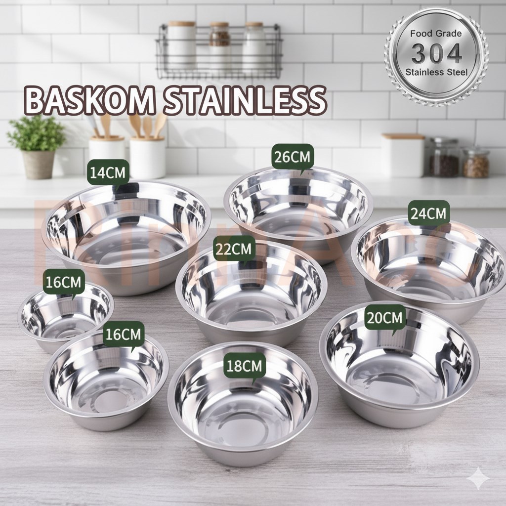 Baskom / Mangkok Stainless 14 CM - 26 CM / Mangkuk / Sayur / Sup / Sop