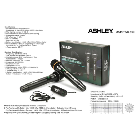 Mic Wireless ASHLEY WR400 WR 400 Microphone Rechargeable Battery Original Ashley