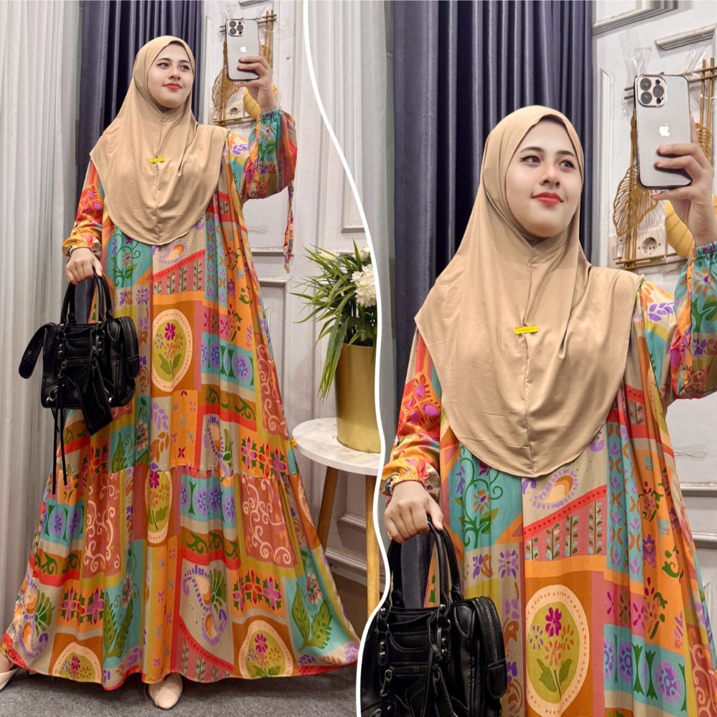 Anggun Gamis Muslim Rayon Motif Bunga-Bunga Gamis Terbaru Rempel Susun  Lebar Mewah Gamis Kancing