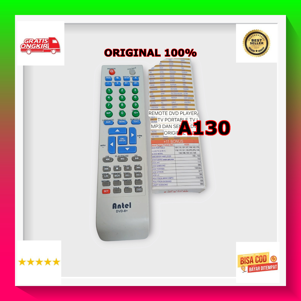 A130  ORI 100% REMOT MULTI UNIVERSAL  DVD REMOTE DVD ANTEL BERBAGAI MEREK PLAYER DVD MOBILTV PORTABL