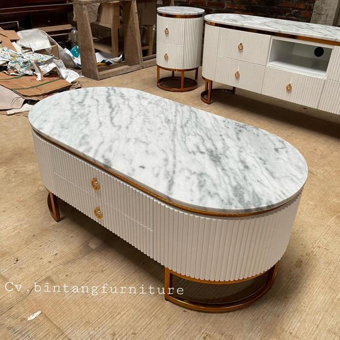 Meja tamu marmer mewah meja tamu top marmer kaki besi stenlis