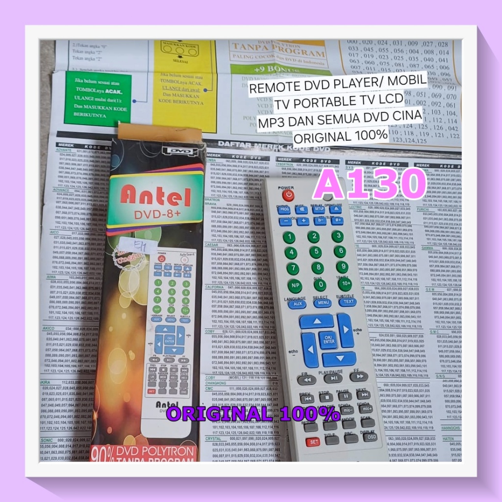 A130 REMOTE DVD ANTEL REMOT MULTI UNIVERSAL BERBAGAI MEREK PLAYER DVD MOBILTV PORTABLE TV LCD MP3 CI