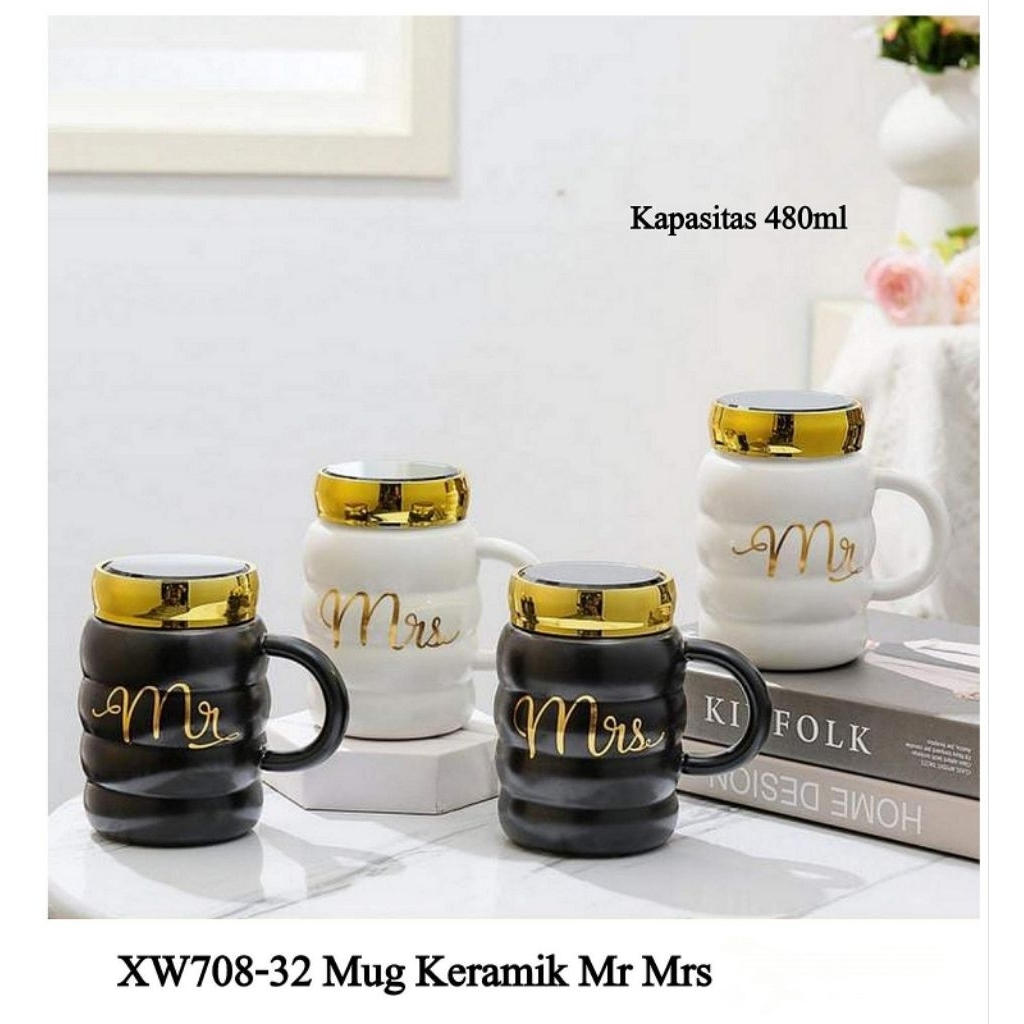 Mug Keramik Tutup Putar / Gelas Keramik Tutup Cermin Mr & Mrs XW708-32 Cangkir Kado Souvenir 480ml