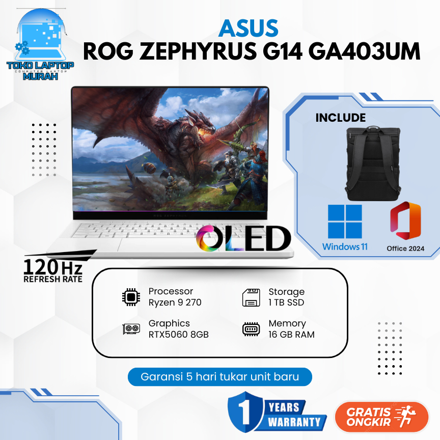 ASUS ROG ZEPHYRUS G14 OLED GA403UM - AMD RYZEN 9 270 RTX5060 8GB/ RAM 16GB 1TB W11 14.0WQXGA 120HZ