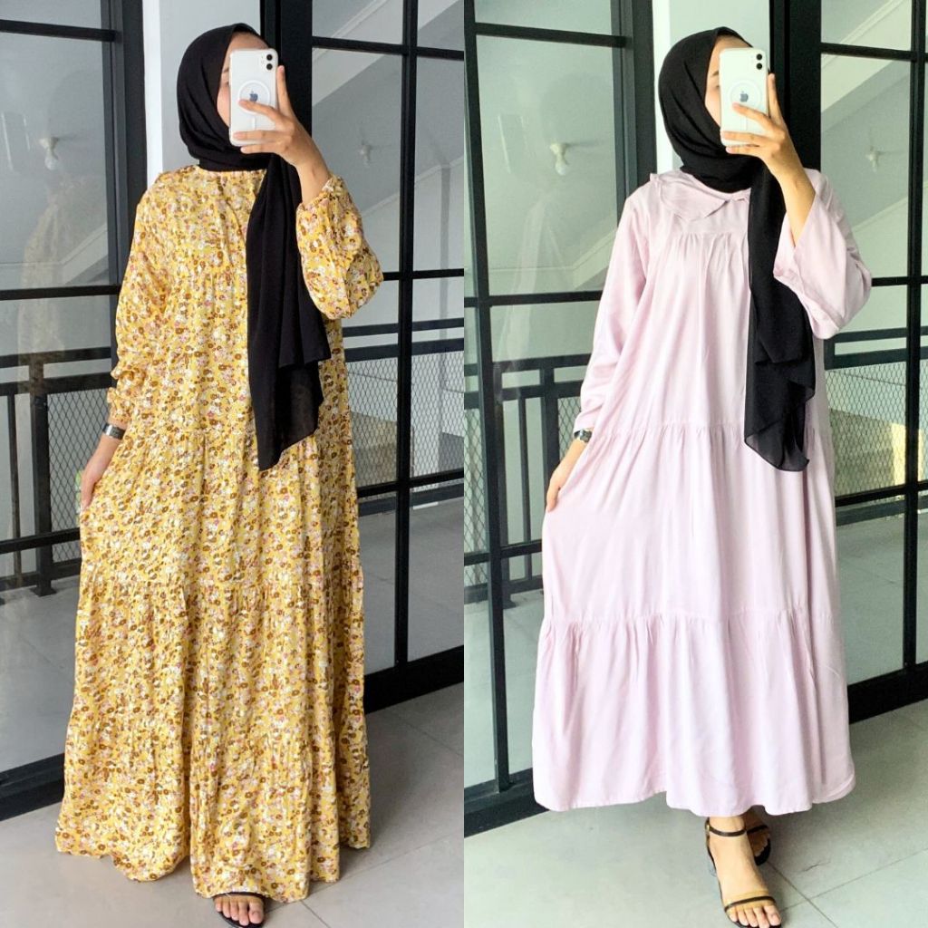 OriginalKlambiz Gamis Wanita Polos Rumfle Susun Bahan Rayon Premium
