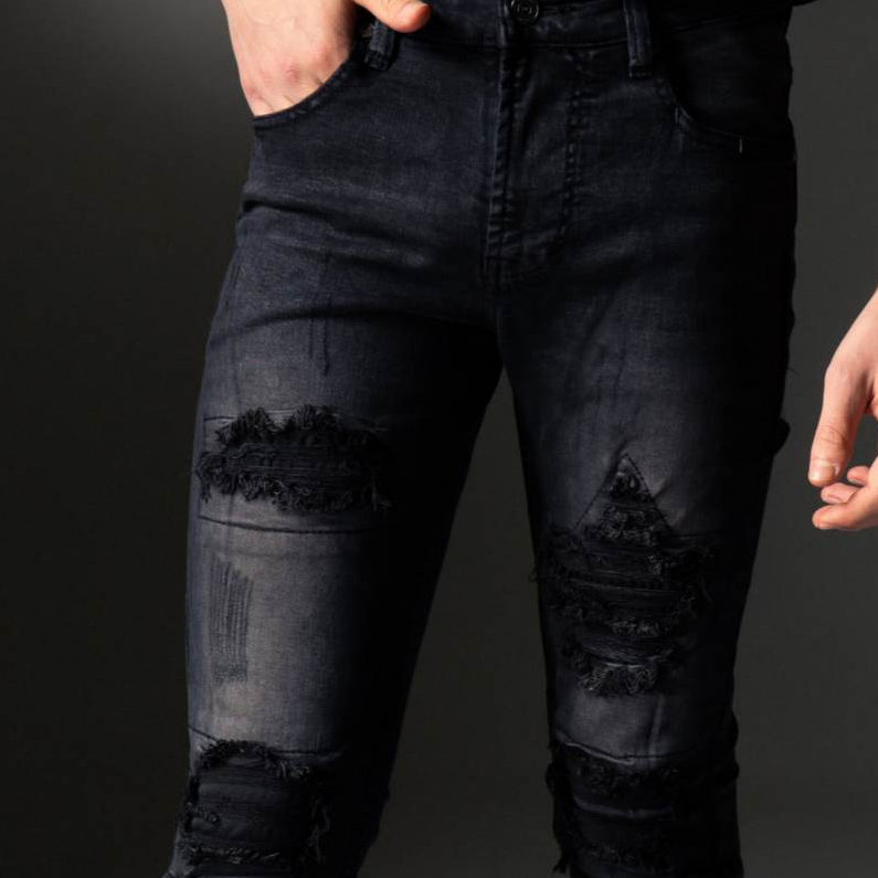 Weird Jeans - Austin Black - Celana Jeans Panjang Pria Slimfit Ripped Sobek Tambal