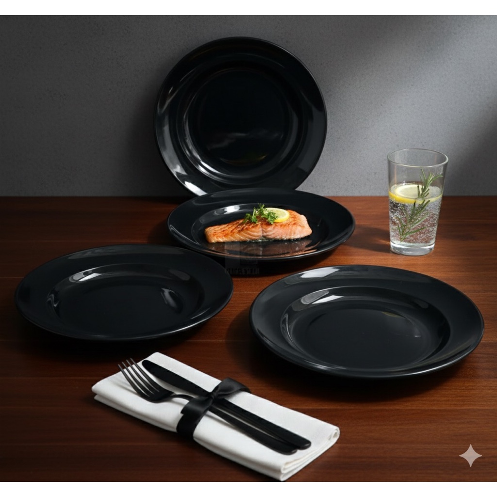 12 Pcs - Piring Makan Plastik Warna Hitam