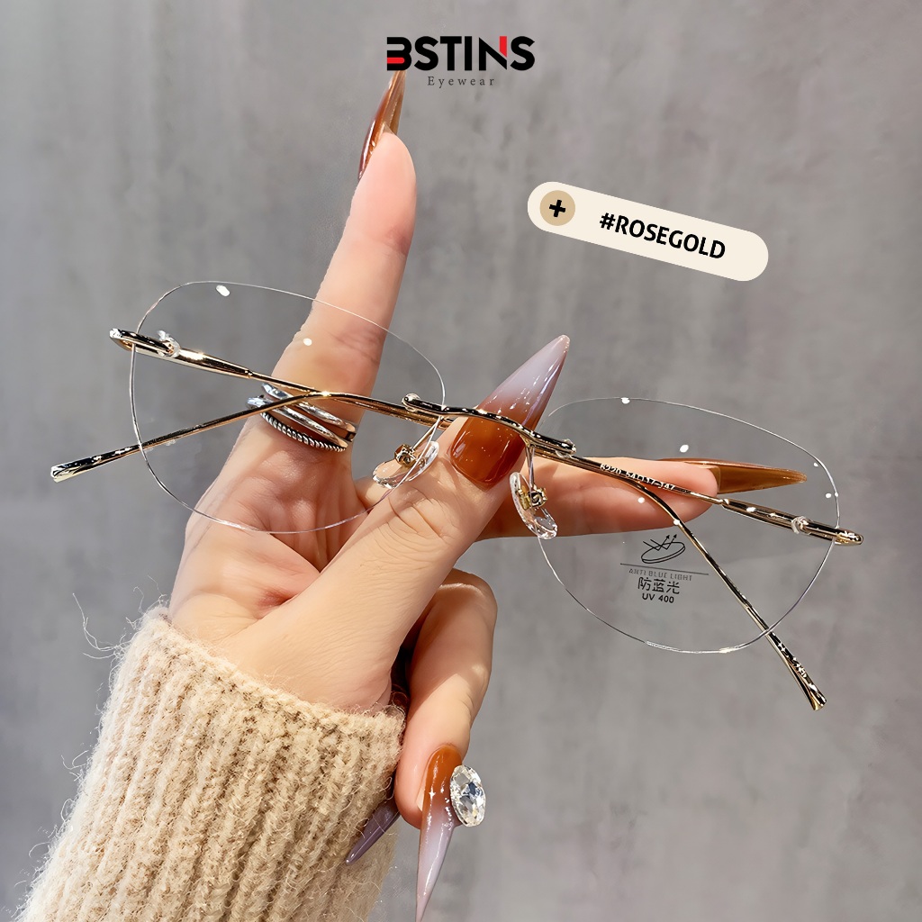 Bstins Kacamata Frameless Wanita Bentuk Oval Elegant Style Bahan Metal Lensa Bisa Minus Anti Radiasi