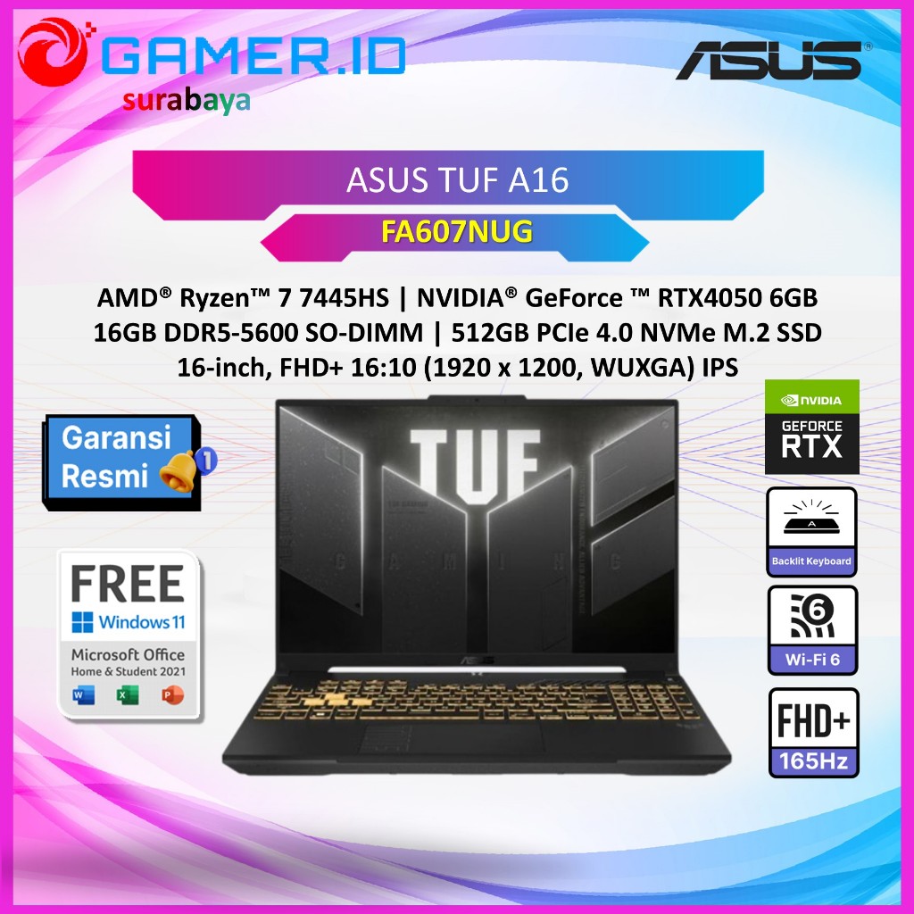 LAPTOP ASUS TUF A16 FA607NUG RYZEN 7 7445HS RTX4050 6GB/ 16GB 512GB 15.6FHD+