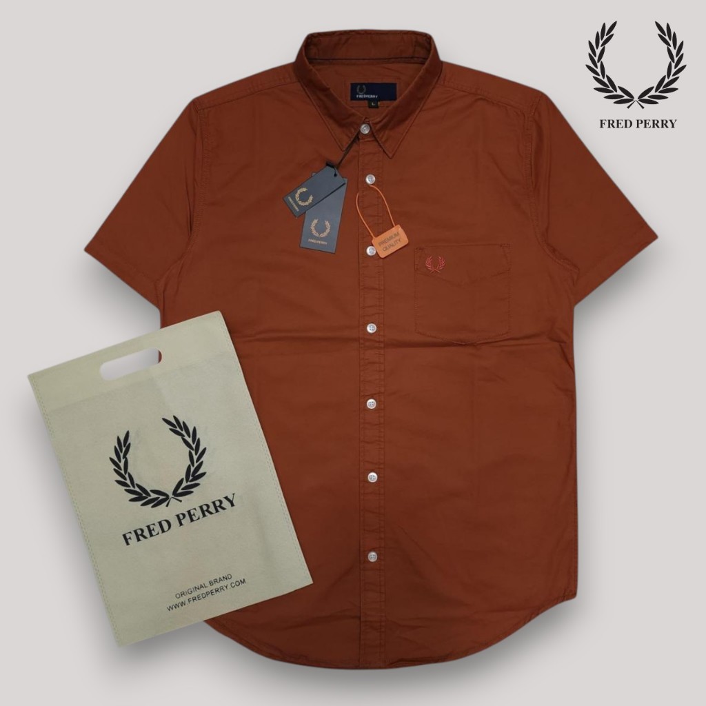Kemeja Lengan Pendek Fred Perry Polos Bahan Katun Twill Model Slimfit