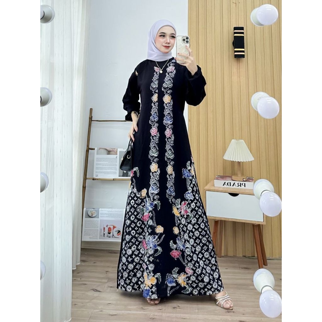 Gamis Batik Encim Adem Nyaman Panjang Muslimah-Hitam cagak