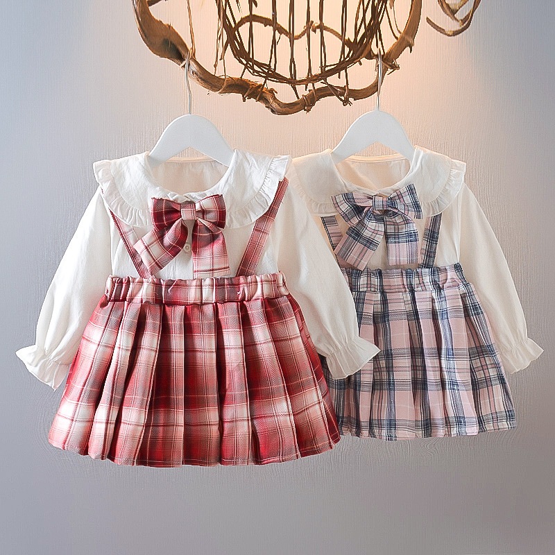 Set Dress 2in1 Anak Perempuan 3–4 Tahun – Inner Blouse Ruffle + Outer Rok Tali Kotak-Kotak, Katun Le