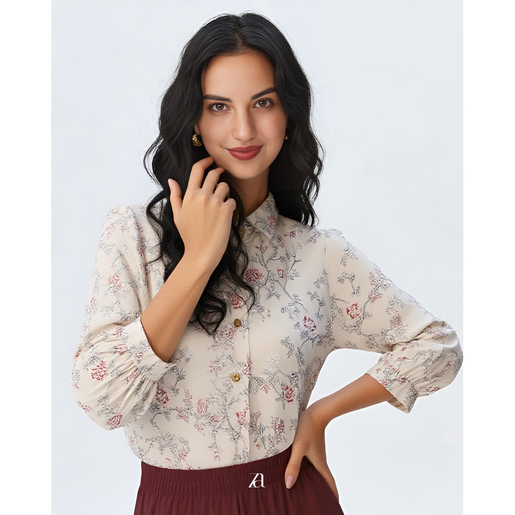 Blouse Wanita Motif Bunga Katun Rayon Soft Print — Lengan Panjang / Atasan Muslimah Casual / Blouse
