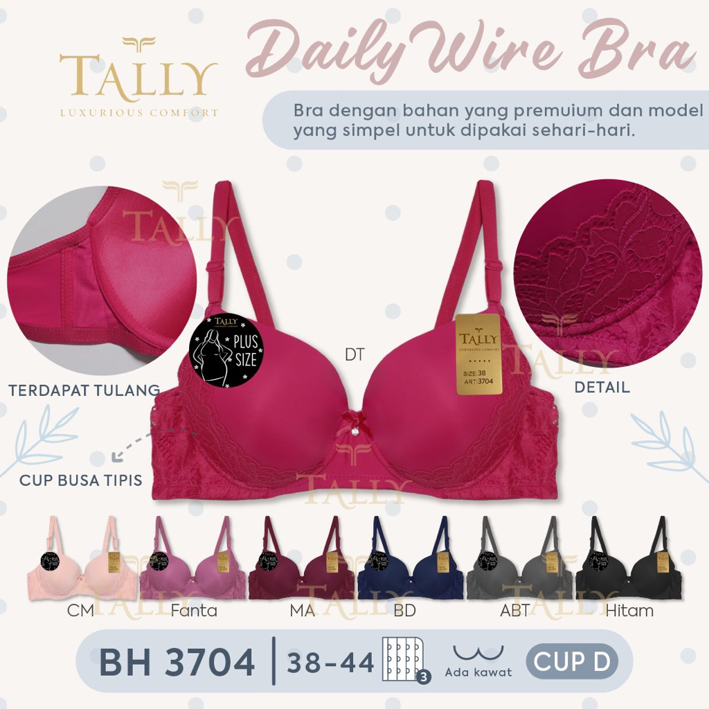 Bh tally 3704 plus size/bra jumbo kawat cup d/bh big size seamless renda busa tipis cup D