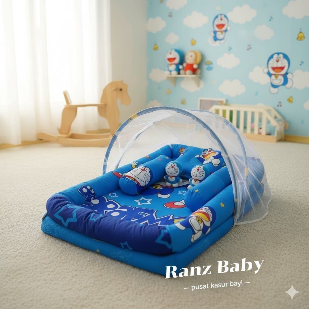 Kasur bayi set kelambu karakter Doraemon lucu Kasur bayi ful set kelambu anti nyamuk + bantal guling