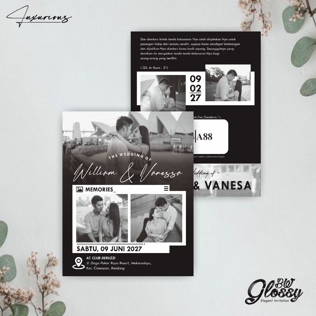Undangan Pernikahan Glossy Custom Desain Elegant & Aesthetic - Undangan Nikah Hitam Putih Luxuriouss
