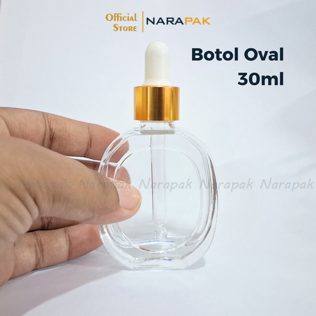 Botol Kaca 30ml Bentuk Oval Bening Pipih Tutup Ring Gold Unik Pipet Tetes Serum Skincare