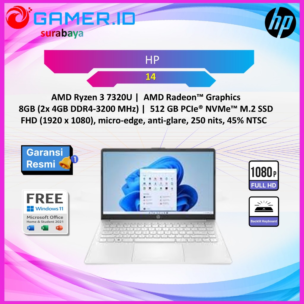 LAPTOP HP 14 RYZEN 3 7320 - 8GB 512GB 14.0FHD IPS