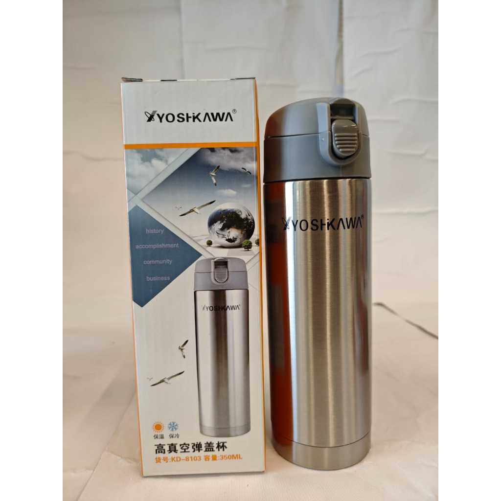 YOSHIKAWA Stainless Steel Tumbler 350ml Vacuum Pencet Push to Open KD8103 Termos Air Panas Dingin Si