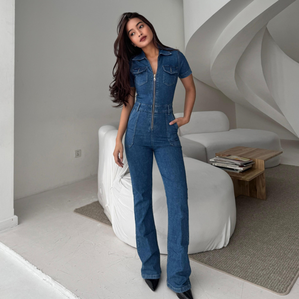 LADOUCE - Helen Denim Jumpsuit Jeans Playsuit Panjang Flare Wanita