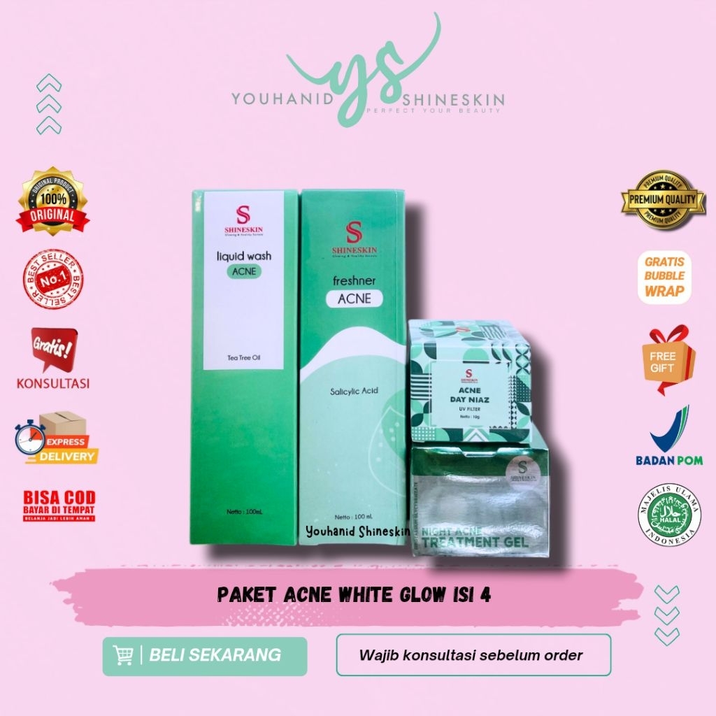 Shineskin ORIGINAL 100% whitening glow paket acne isi 4 paket jerawat