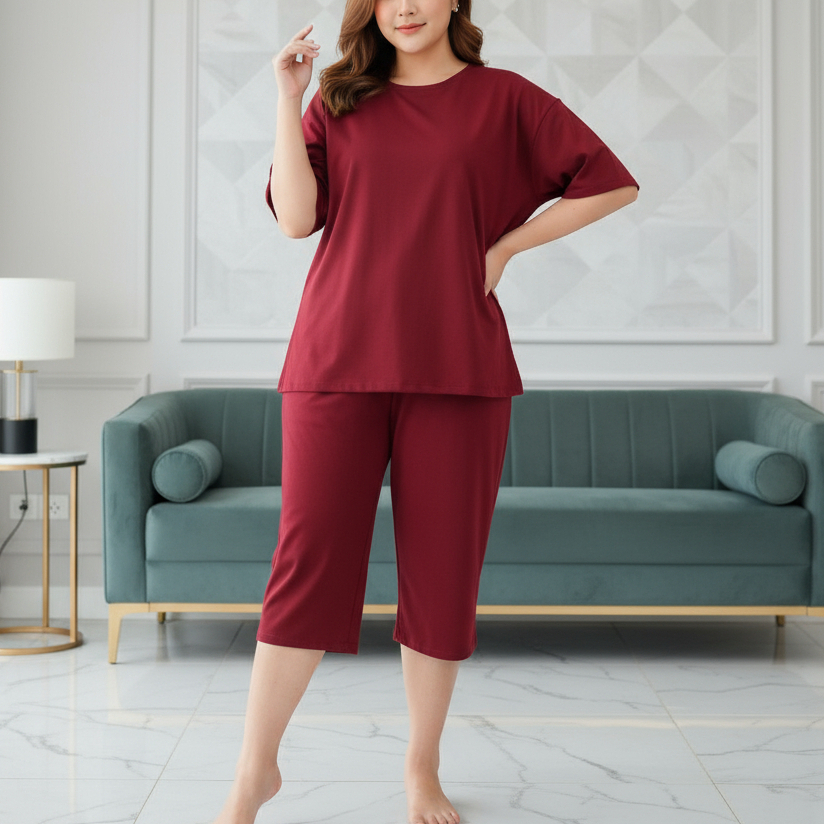 Setelan Polos Wanita Celana Pendek Kulot One Set Lengan Pendek Oversize Jumbo
