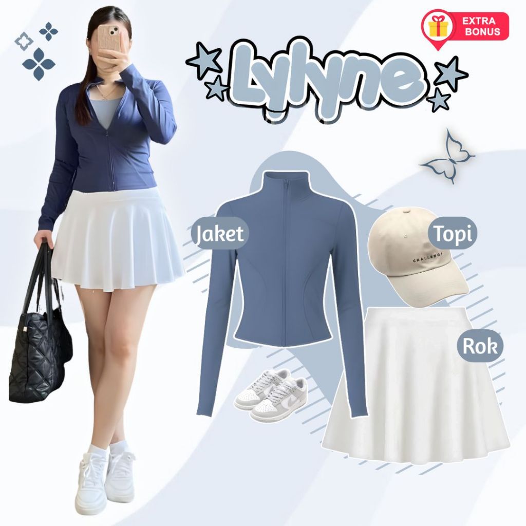 One set 3in1 rok pendek jaket olahraga topi | ootd outfit oneset setelan wanita anak perempuan cewek