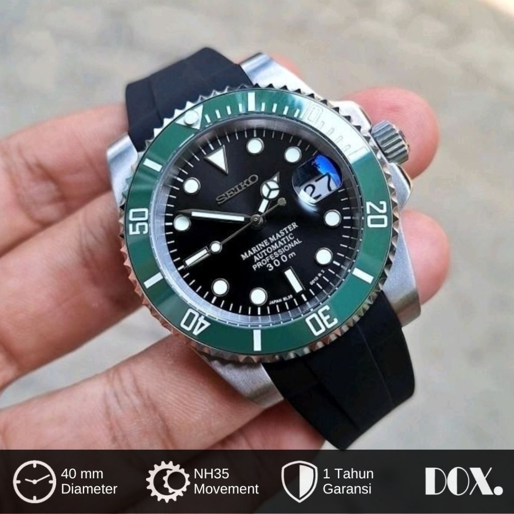 Jam Tangan Seiko Starbucks NH35 Automatic Seikomod Submariner Rubber Strap Kaca Sapphire