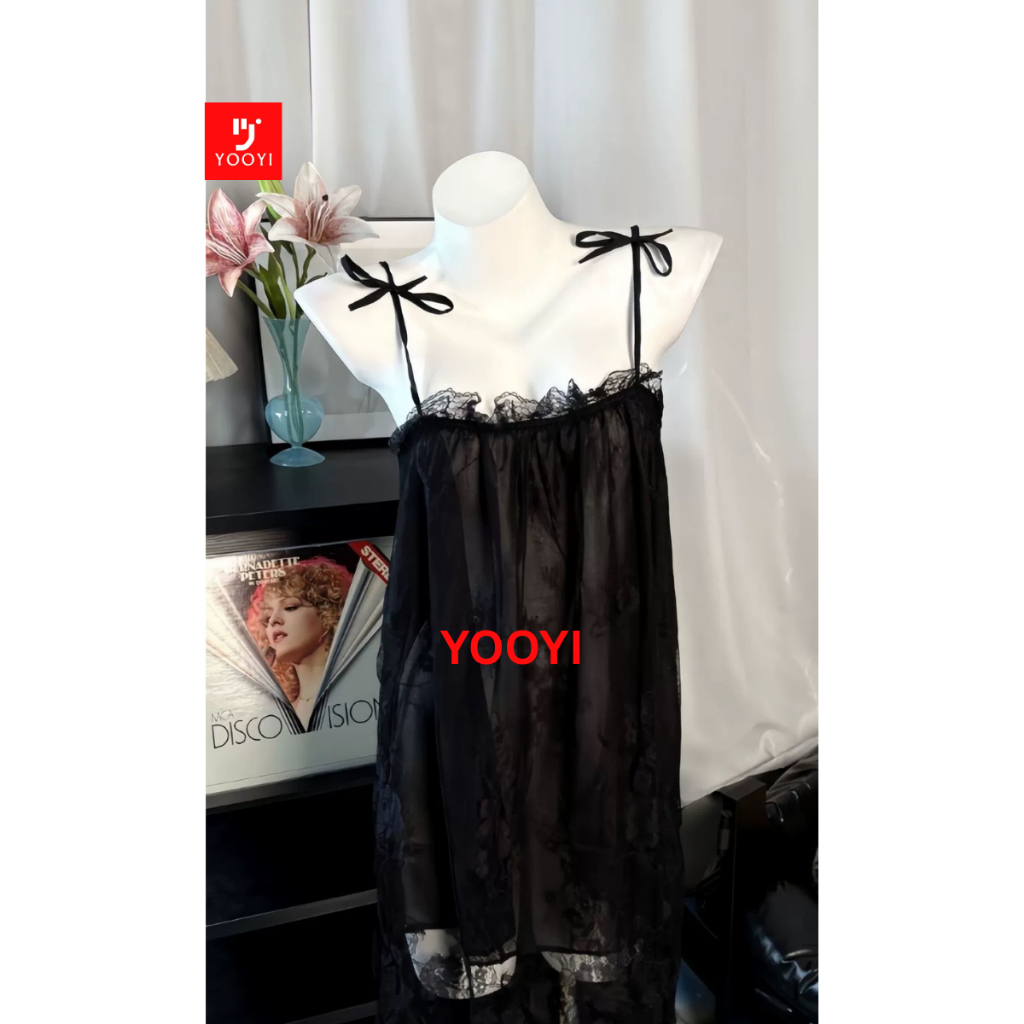 Yooyi Baju Tidur Daster Piyama Wanita Set Lace Tanpa Lengan Lingerie Korea Sexy Mini Dress Women Bru