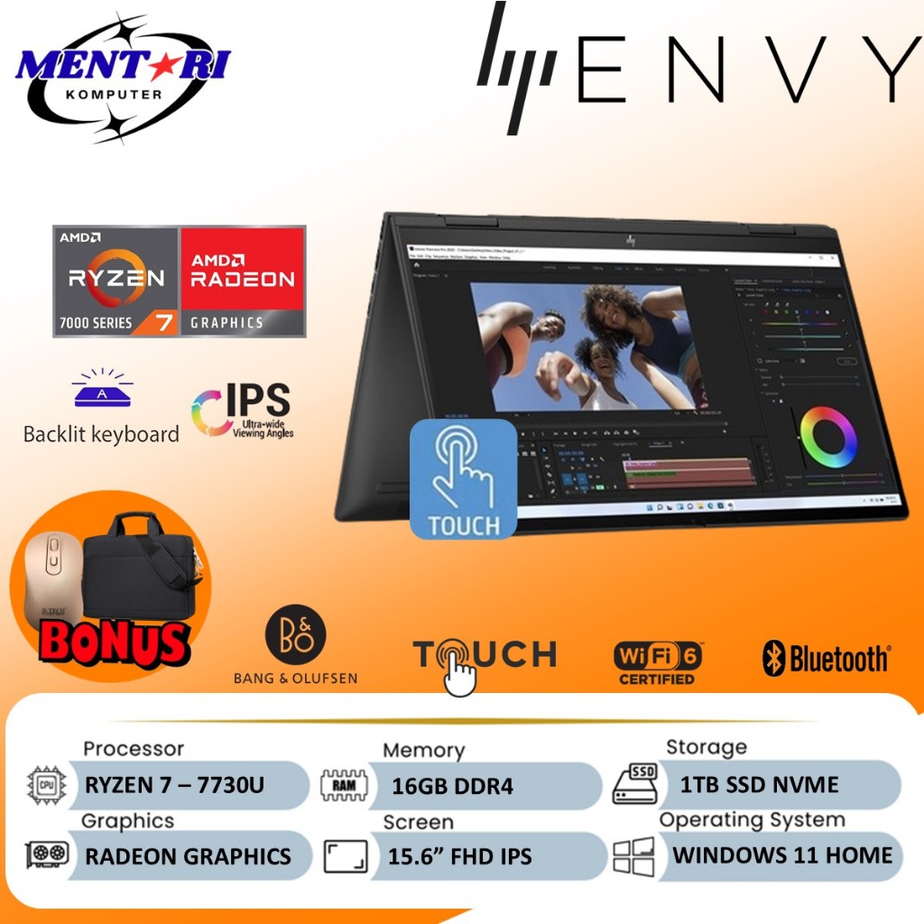 HP ENVY X360 15 Ryzen 7 7730U 16GB 512GB Touchscreen FHD Win11 - Laptop Premium Black