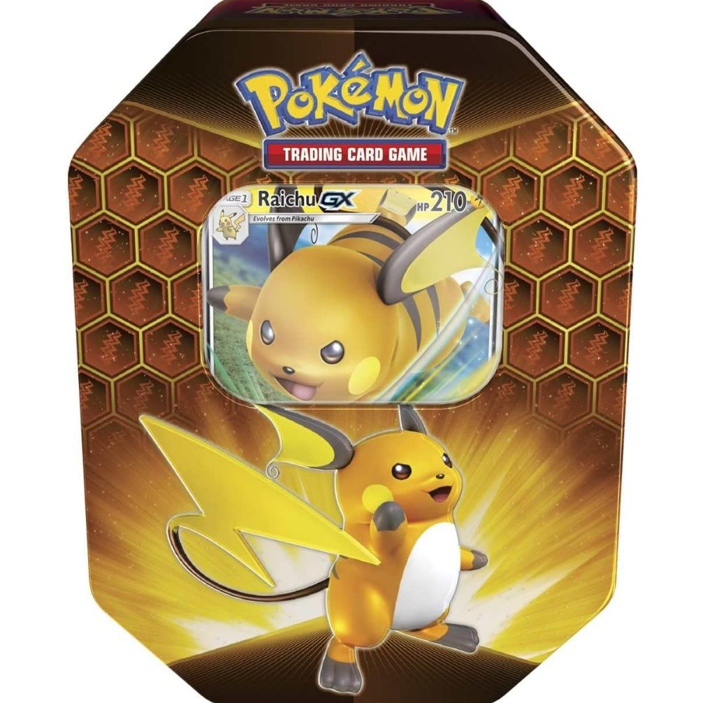 Pokemon TCG: SM11.5 Hidden Fates Gx Tin- Raichu + 1 of 3 Foil Pokémon-GX Cards + 4 Booster Pack