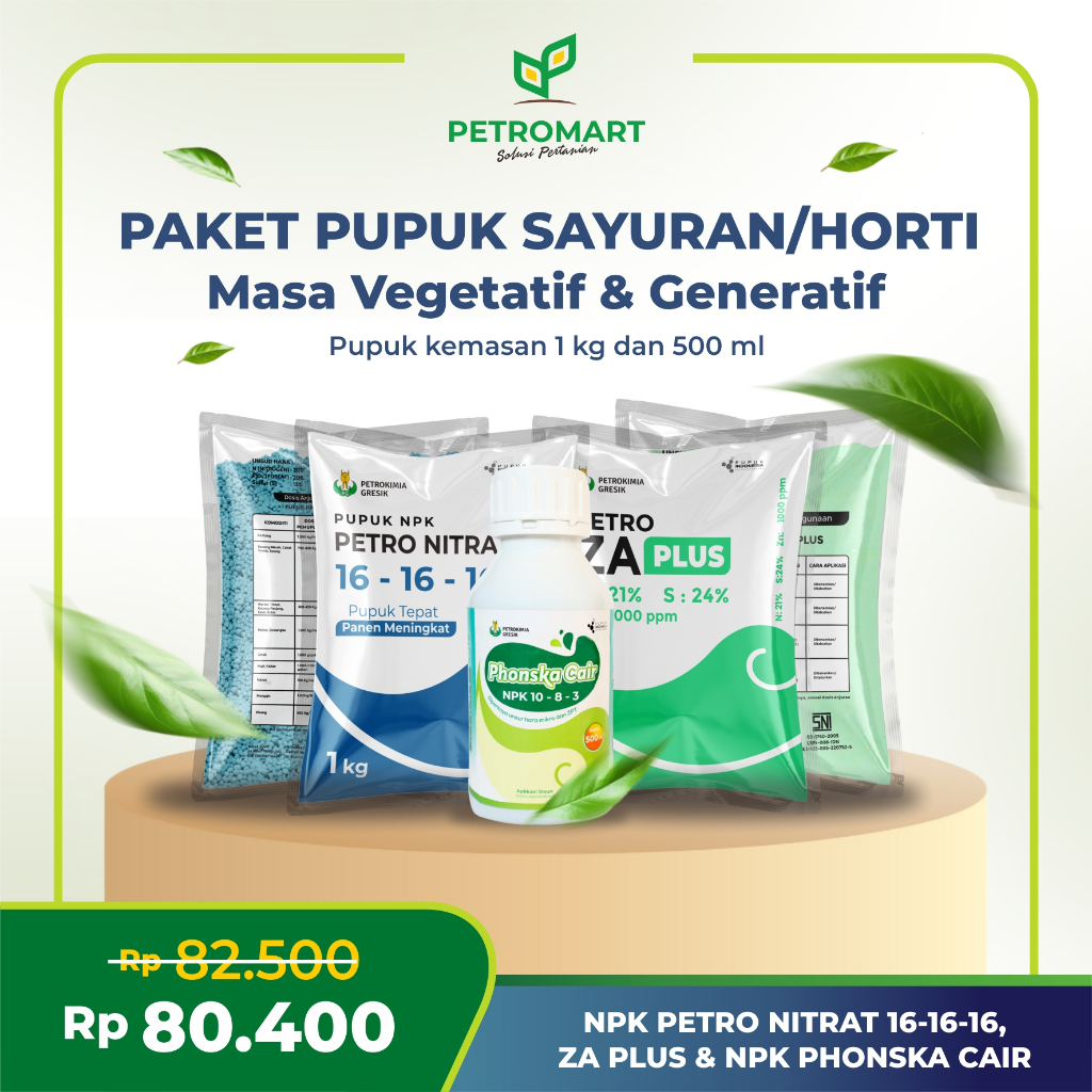Paket Pupuk Sayuran/Horti | Petrokimia Gresik | ZA Plus, NPK Petro Nitrat 16-16-16, NPK Phonska Cair