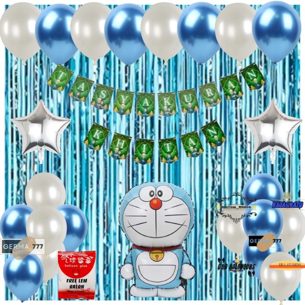 Set Dekorasi Tasyakuran Khitan Anak / Dekor Ultah Acara Khitanan Balon Doraemon Tirai Biru Muda