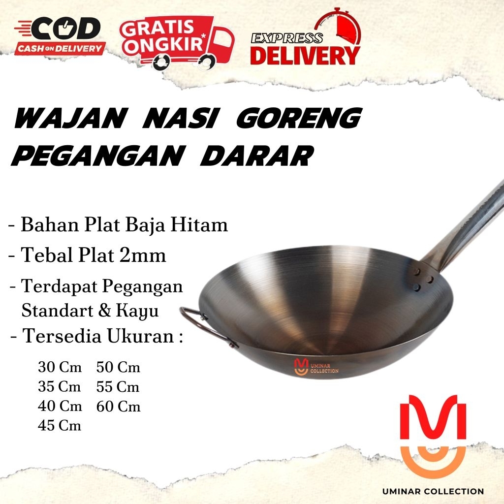 Wajan Nasgor Baja Hitam Pegangan Datar | Wajan Nasi Goreng | Wajan Resto Food | Kuali Gagang Plat Ba