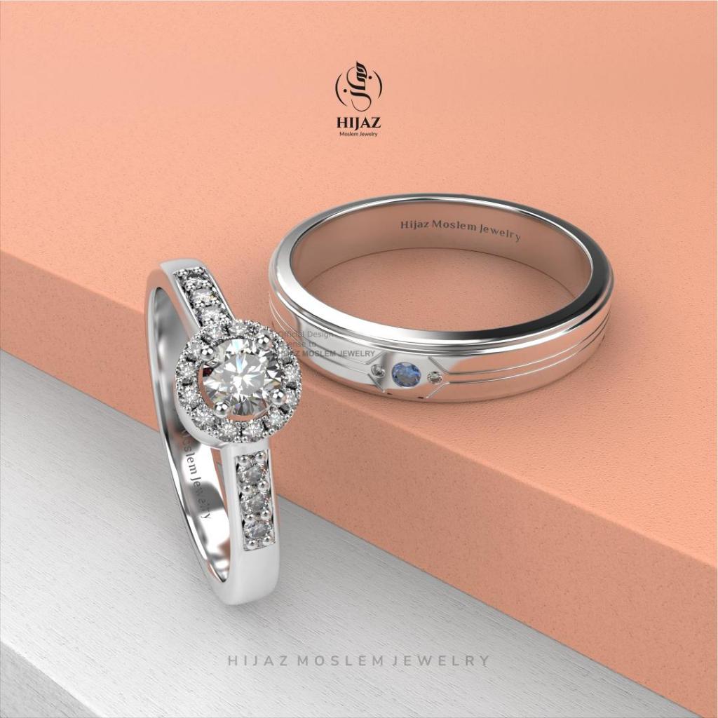 Hijaz Cincin Nikah Elegan Premium Couple Palladium & Emas Putih | Gratis Ukir Nama | Garansi Resize