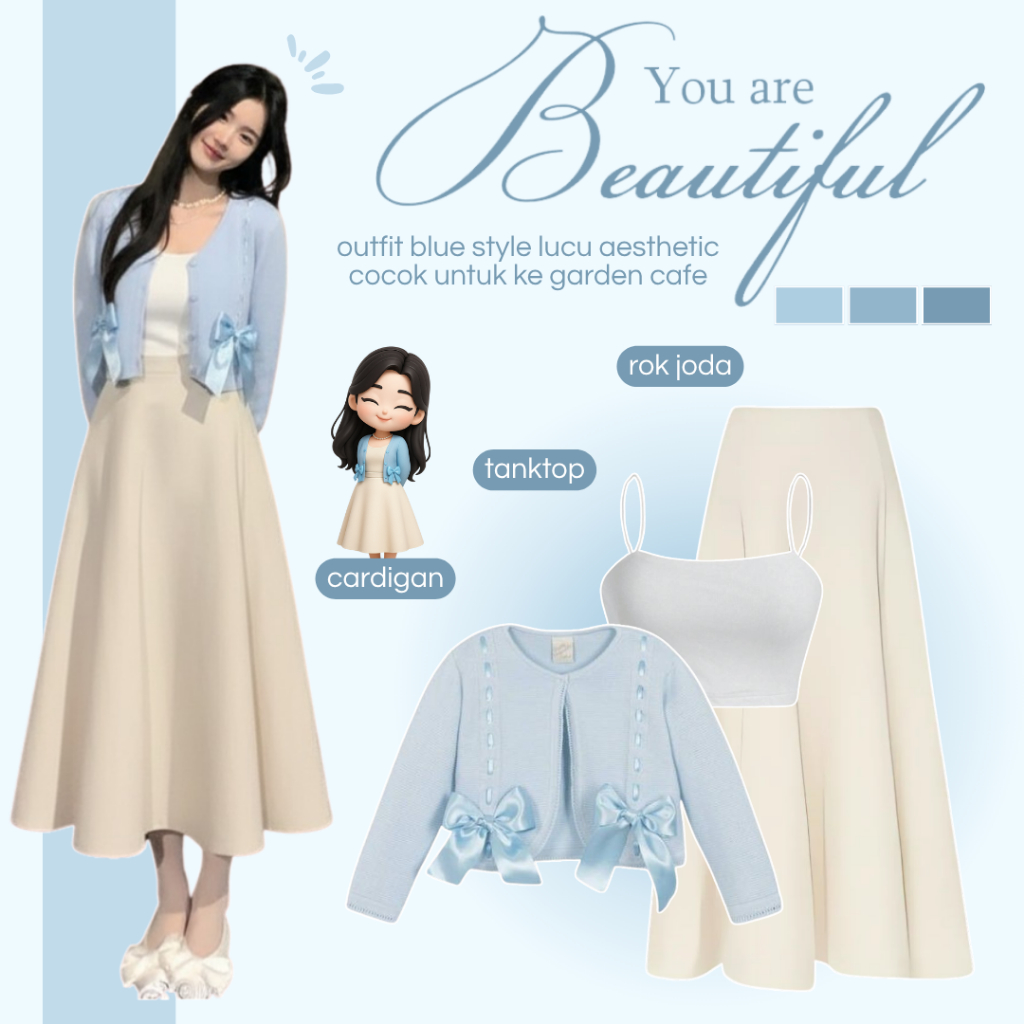 Satu Set Outfit Wanita | Cardigan Ribbon + Tanktop + Rok Joda | Setelan Wanita One Set - AM180N